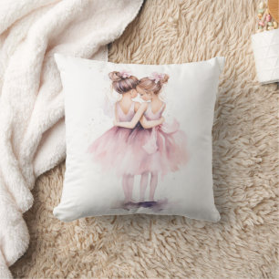 Cojín Decorativo Hermanas Ballerina abrazando ballet acuarela rosa