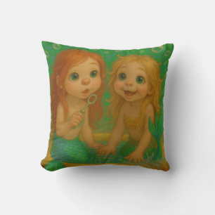 Cojín Decorativo Hermanas de sirenas de ojos grandes que caminan en