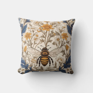 Cojín Decorativo Hermosa Abeja Vintage Floral Amarilla y Azul