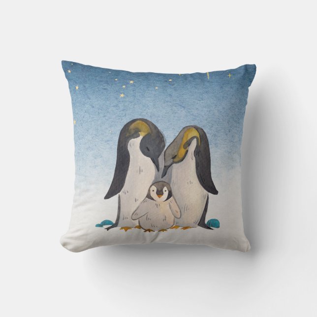 Cojín Decorativo Hermosa acuarela de la familia Penguin (Anverso)