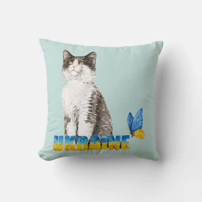 Cojín Decorativo Hermosa acuarela Ucrania gato y mariposa (Anverso)