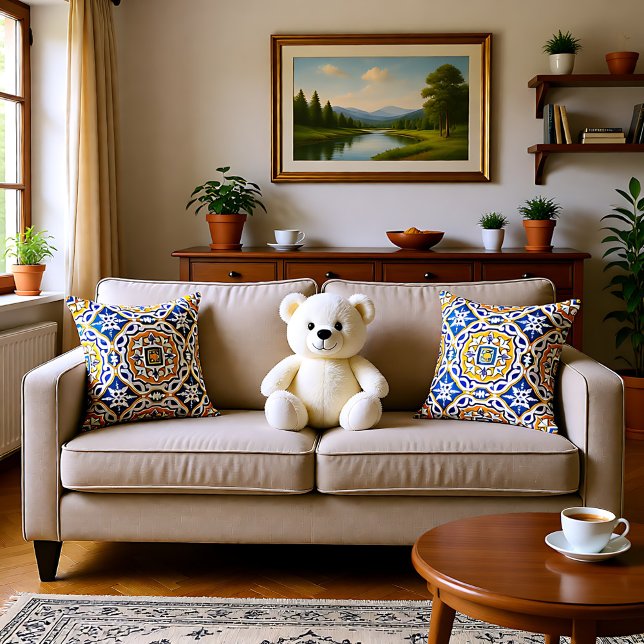 Cojín Decorativo 💙 Hermosa azulejos azules Azulejos IV mosaico med (Beautiful blue Azulejos IV medium tile Throw Pillow)