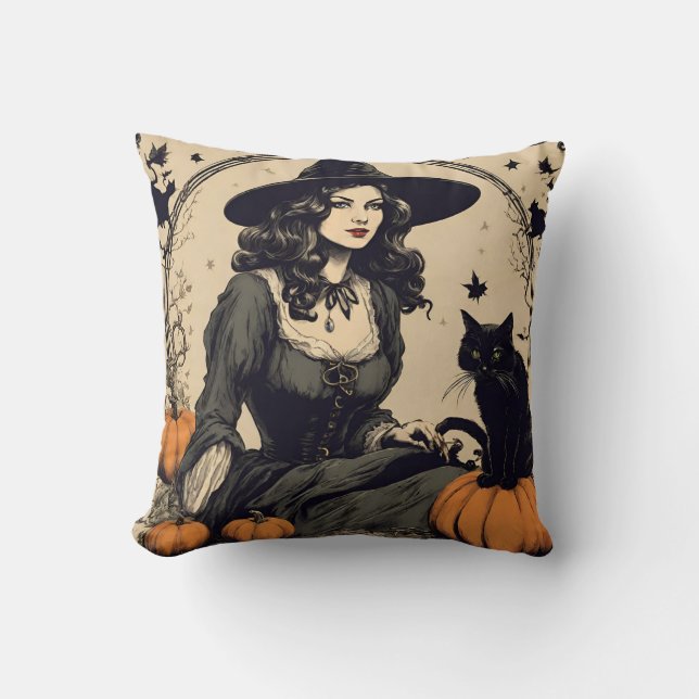 Cojín Decorativo Hermosa bruja de Halloween de época con gato negro (Anverso)