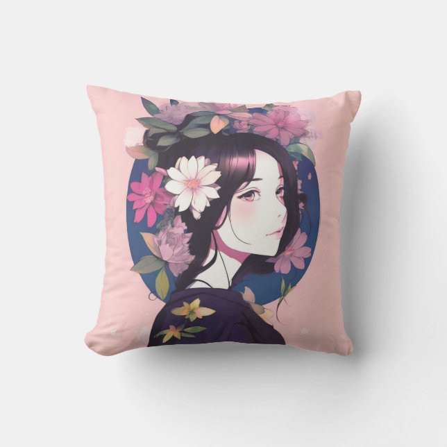 Cojín Decorativo Hermosa Chica anime coronada con flores (Anverso)