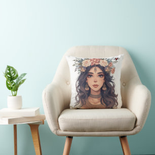Cojín Decorativo Hermosa chica de anime floral – Estética pastel su