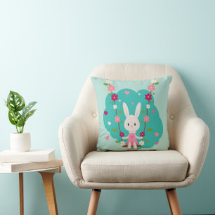 Cojín Decorativo Hermosa conejita con flores de flor rojo corazón a