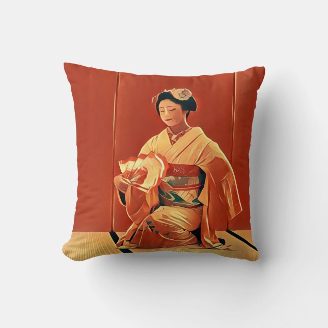 Cojín Decorativo Hermosa Geisha japonesa de cosecha en rojo Kimono (Anverso)