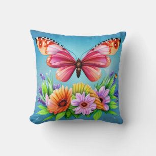 Cojín Decorativo Hermosa mariposa y flor color agua