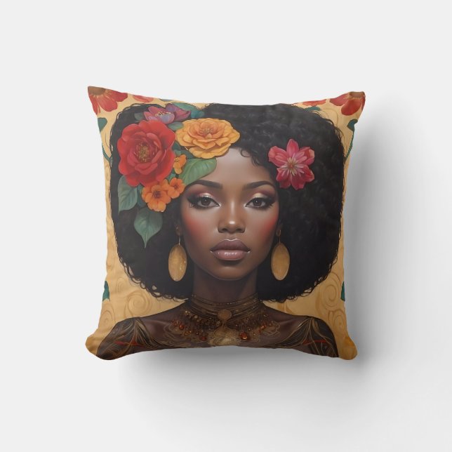 Cojín Decorativo Hermosa mujer afroamericana con flores (Anverso)