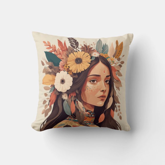 Cojín Decorativo Hermosa mujer nativa norteamericana pintada (Anverso)