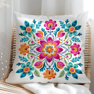 Cojín Decorativo Hermosa Naranja turquesa rosa floral mexicana