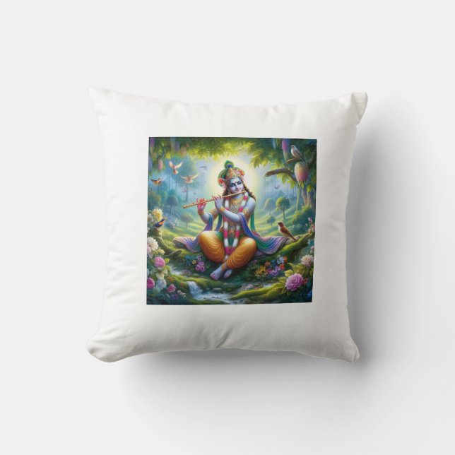 Cojín Decorativo Hermosa representación de Lord Krishna tocando fla (Anverso)