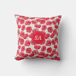 Cojín Decorativo Hermosas amapolas rojas monogramadas Floral Blanco
