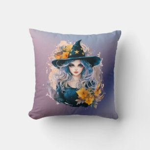 Cojín Decorativo Hermosas estrellas de sombrero de bruja azul morad