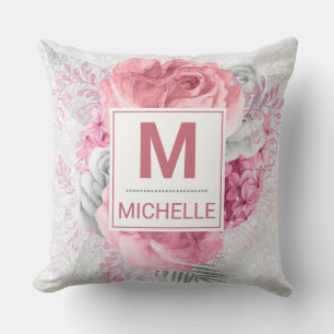 Cojín Decorativo Hermosas flores rosadas, blancas y plateadas con m