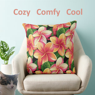 Cojín Decorativo Hermosas flores tropicales rosadas en negro