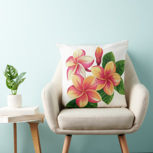Cojín Decorativo Hermosas Flores Tropicales Rosadas sobre Blanco