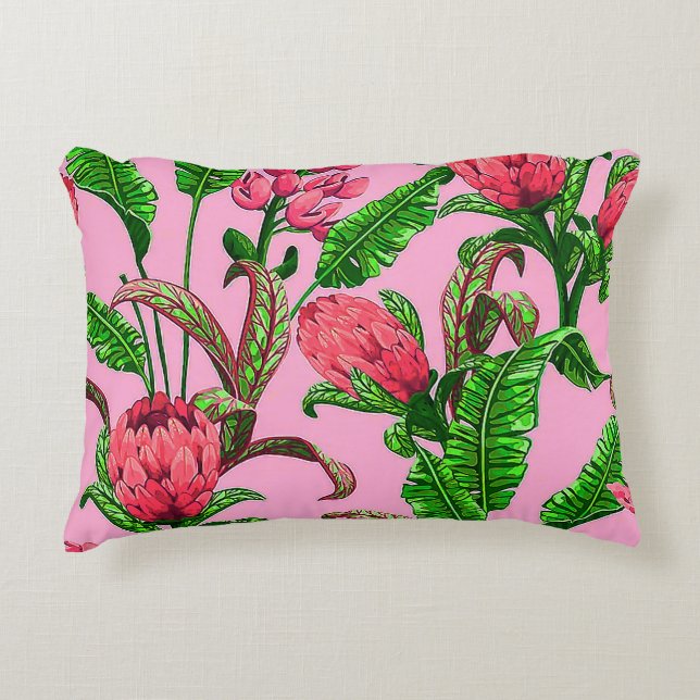 Cojín Decorativo Hermosas hojas verdes tropicales con flores rojas  (Anverso)