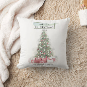 Cojín Decorativo Hermoso Árbol de Navidad acuarela Vacaciones arte