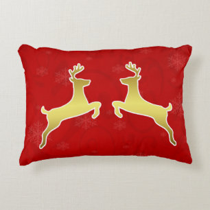 Cojín Decorativo Hermoso Ciervo de Oro Navidad Roja Elegante y Orn