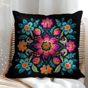 Cojín Decorativo Hermoso color negro y vibrante floral mexicana