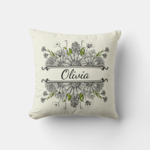 Cojín Decorativo Hermoso dibujo de flores negras y blancas