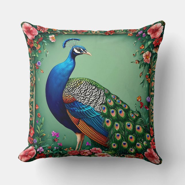 Cojín Decorativo Hermoso fondo de flores de pavo real (Anverso)