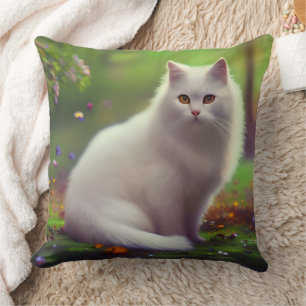 Cojín Decorativo Hermoso Gato Blanco Esponjoso