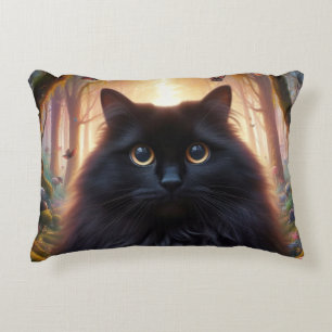 Cojín Decorativo Hermoso Gato Negro Fluffy con Ojos de Oro