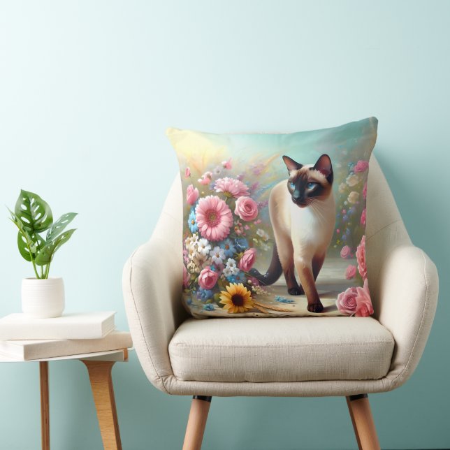 Cojín Decorativo Hermoso gato y flores siamesas (Silla)