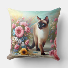 Cojín Decorativo Hermoso gato y flores siamesas