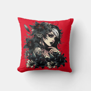 Cojín Decorativo Hermoso Gótico Chica Black Lilly Flores arte