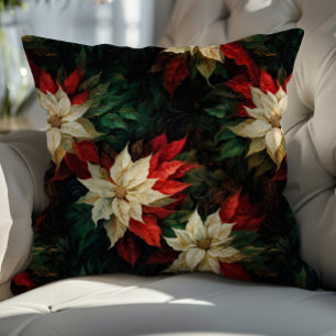Cojín Decorativo Hermoso Ilustracion de Poinsettias Blancas y Rojas