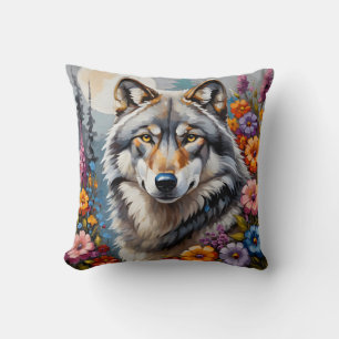 Cojín Decorativo Hermoso lobo gris y flores