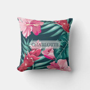 Cojín Decorativo Hermoso Monograma de Flores Rosa Exóticas