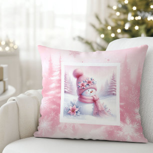 Cojín Decorativo Hermoso muñeco de nieve rosa en una suave escena i