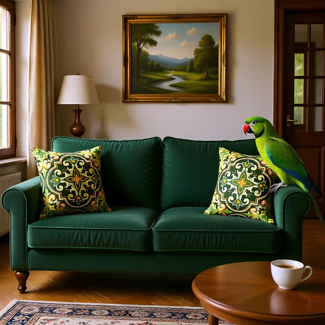 Cojín Decorativo 💚 💛 Hermoso olivo y azulejos amarillos (Beautiful olive and yellow Azulejos Throw Pillow)