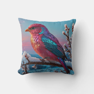 Cojín Decorativo Hermoso Pájaro Colorido en una Rama de Árbol Nevad