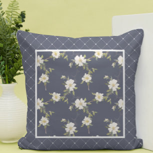 Cojín Decorativo Hermoso panel floral de color azul marino y blanco