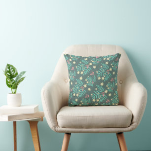 Cojín Decorativo Hermoso patrón azul de hojas y bayas botánicas