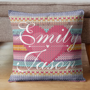 Cojín Decorativo Hermoso patrón de punto de corazón rosa azul paste