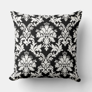 Cojín Decorativo Hermoso patrón floral de damasco en blanco y negro