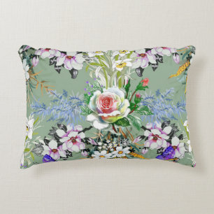 Cojín Decorativo Hermoso patrón floral Rosas Flores silvestres verd
