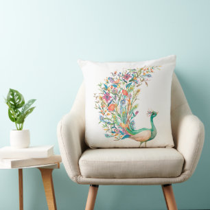 Cojín Decorativo Hermoso pavo real verde acuarela
