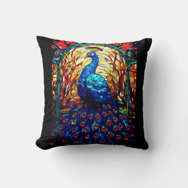 Cojín Decorativo Hermoso Peacock Vidrio Manchado (Anverso)