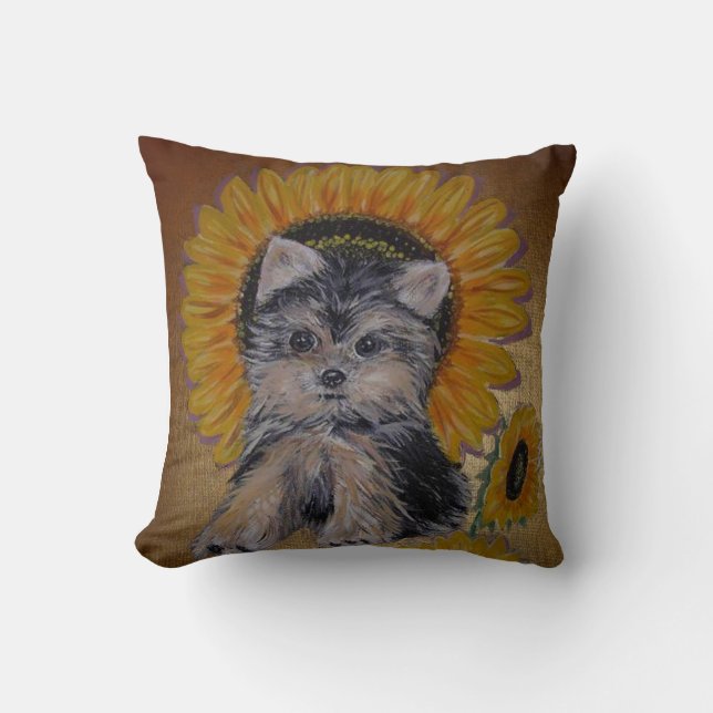 Cojín Decorativo Hermoso Perrito y Girasoles (Anverso)