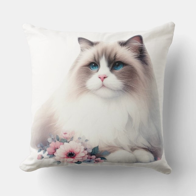 COJÍN DECORATIVO HERMOSO RAGDOLL CAT CON FLORES (Anverso)