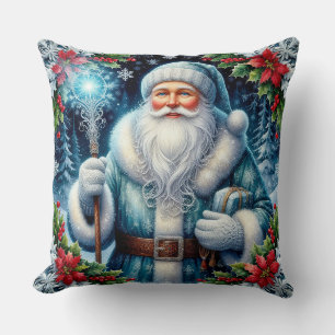 Cojín Decorativo Hermoso Santa de Azul con Decoraciones de Invierno