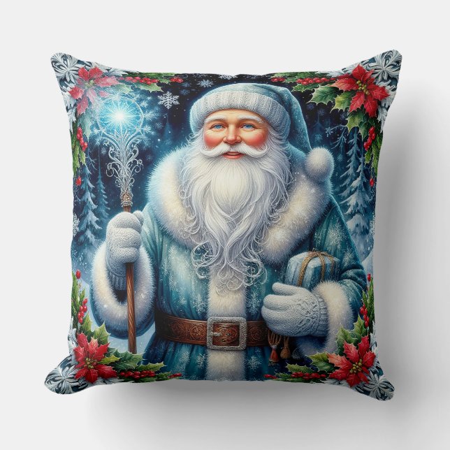 Cojín Decorativo Hermoso Santa de Azul con Decoraciones de Invierno (Anverso)