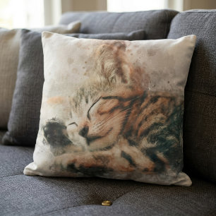 Cojín Decorativo Hermoso y lindo gatito durmiendo acuarela